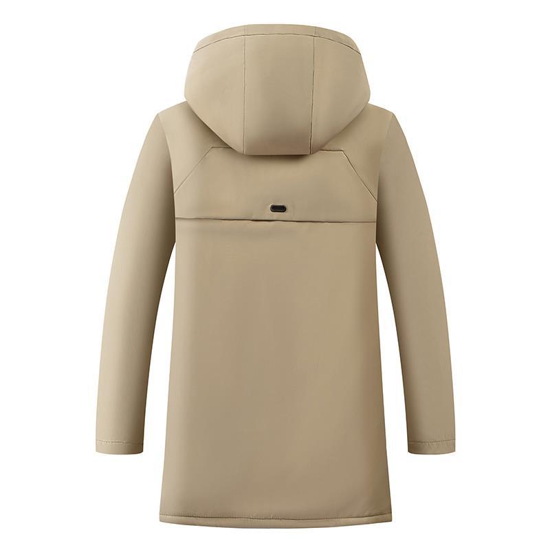 Thickened Midi Length Men's Winter Jacket - Pure Colored Fleece Sweater with Hood & Zipper Closure