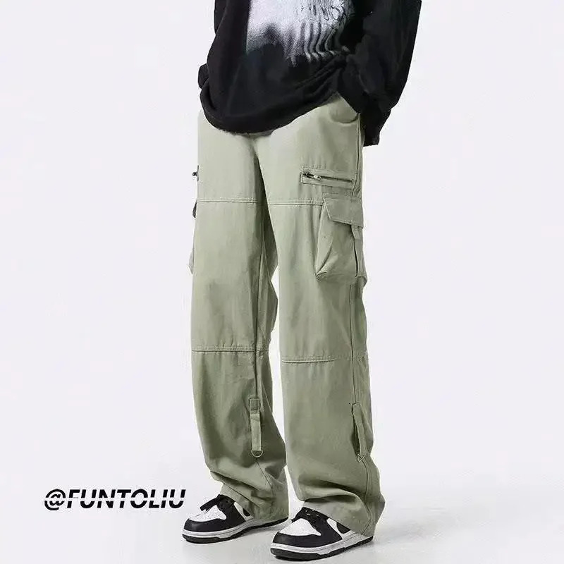 Deep Green Multi-pocket Cargo Pants Mens Autumn Japanese Trendy Straight-leg Loose-fit Casual Pants Niche Zip-up Drop 241218