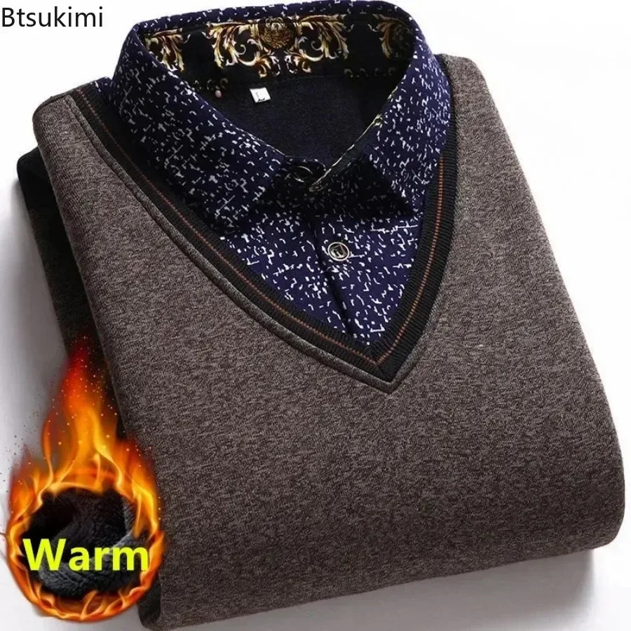 2024 Mens Thicker Warm Sweater Fashion Two Polo Collar Knitted Pullover Autumn Winter Men Business Casual Sweater Tops 241218