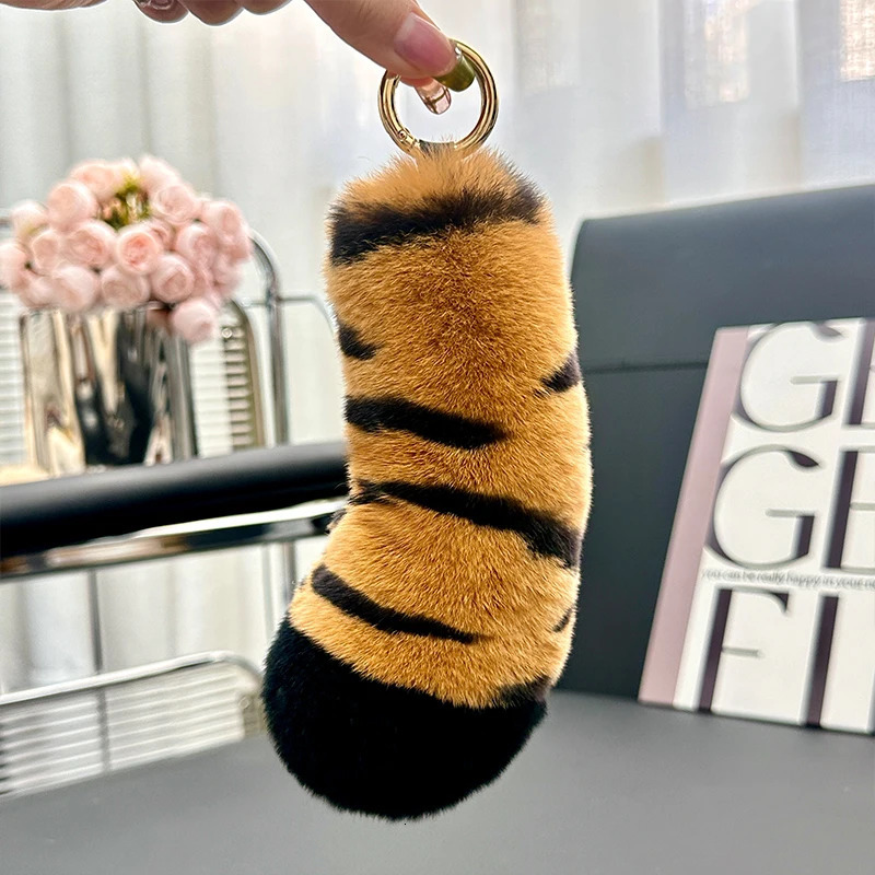 Natural Rex Rabbit fur tiger tail keychain handbag backpack talisman 241218