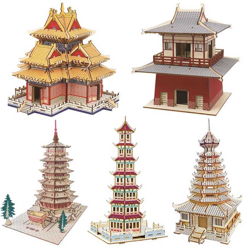 3D Wooden Pagoda Puzzle DIY Building Temple Model Wood Toy Chinese Architecture Yellow Crane Yueyang Tower For Children KidsXJ241218