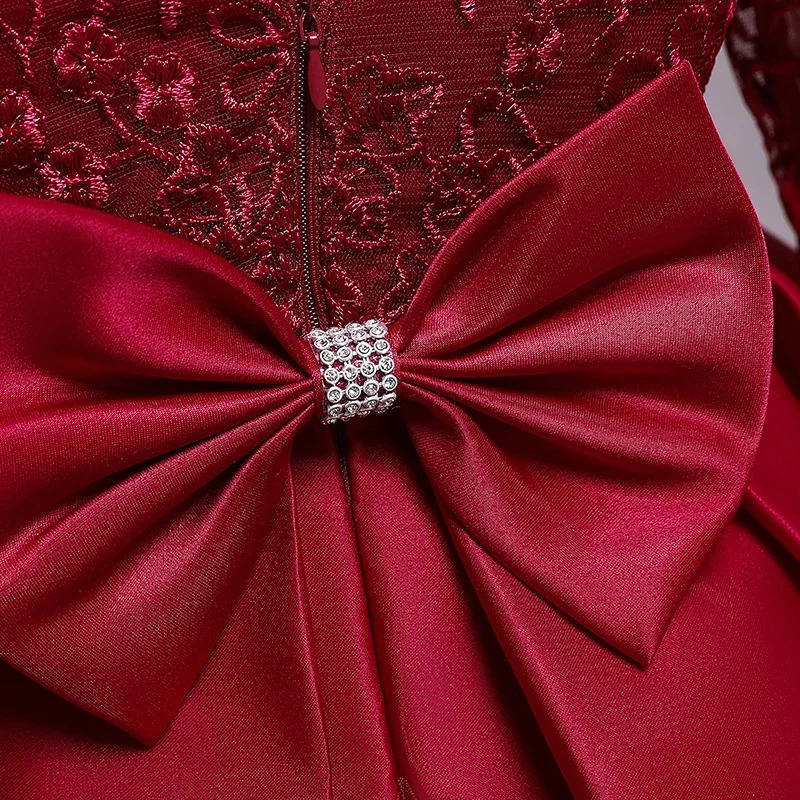 Red Birthday Princess Dress Winter Fall Baby Girl Toddler Backless Lace Wedding Flower Girl Clothes 241219