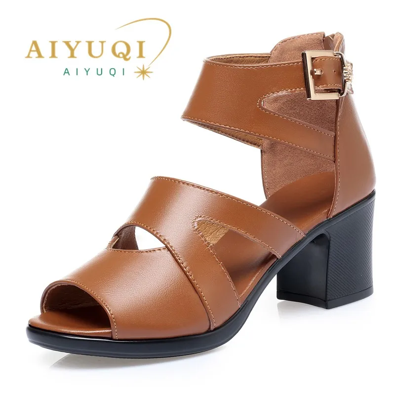 AIYUQI Sandals Female Genuine Leather Summer Roman Women's Dress Sandals Cutout Fishmouth Sandals Women