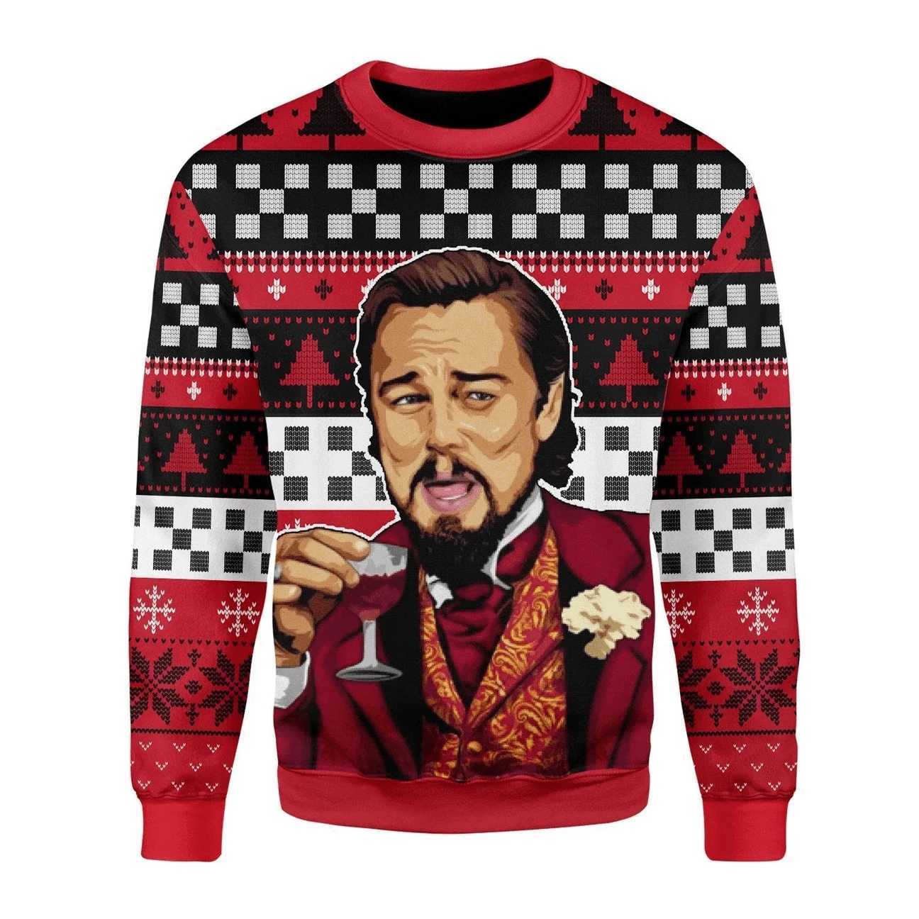 Autumn and Winter Clothes Laughing Leo DiCaprio Meme Ugly Christmas Sweater Gift Saint Claude Pullover Mens 2024 3D Sports Shirt Top W241219