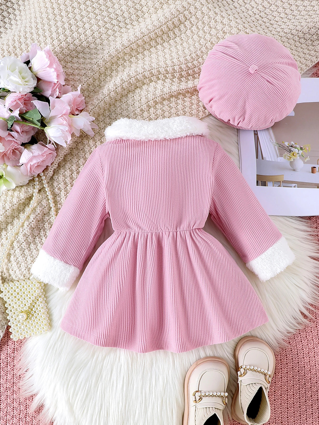 2PCS Winter Style For Girls Aged 0-3 Comfortable Foreign Style Sweet Fluffy Stitching Pink Dress Hat 241219