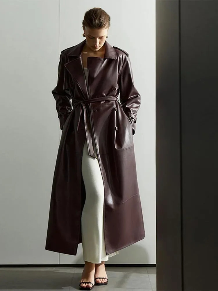 Womens Burgundy Pu Leather Long coat 2024 Fashion Lapel Vintage Overcoat With Belt Autumn Winter Chic Warm Solid Outerwear 241219 - view 4