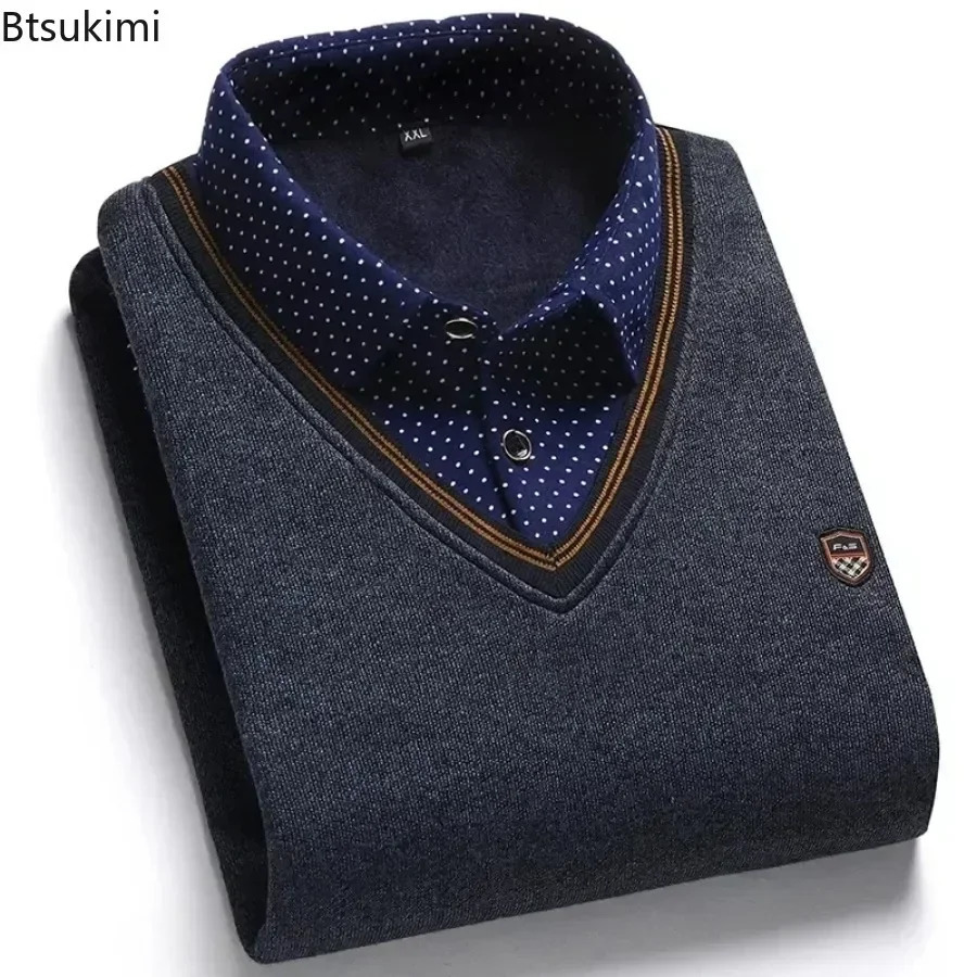 2024 Mens Thicker Warm Sweater Fashion Two Polo Collar Knitted Pullover Autumn Winter Men Business Casual Sweater Tops 241218