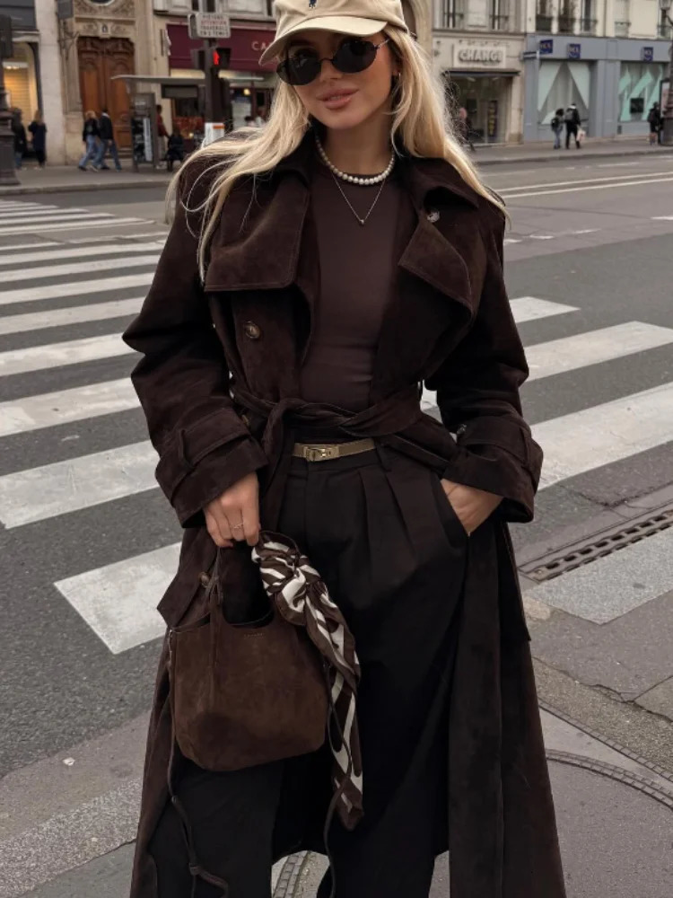 Winter Brown Suede Leather Long Coats With Belt Women Lapel Double Breasted Overcoat Female Retro High Street Outwear 241217