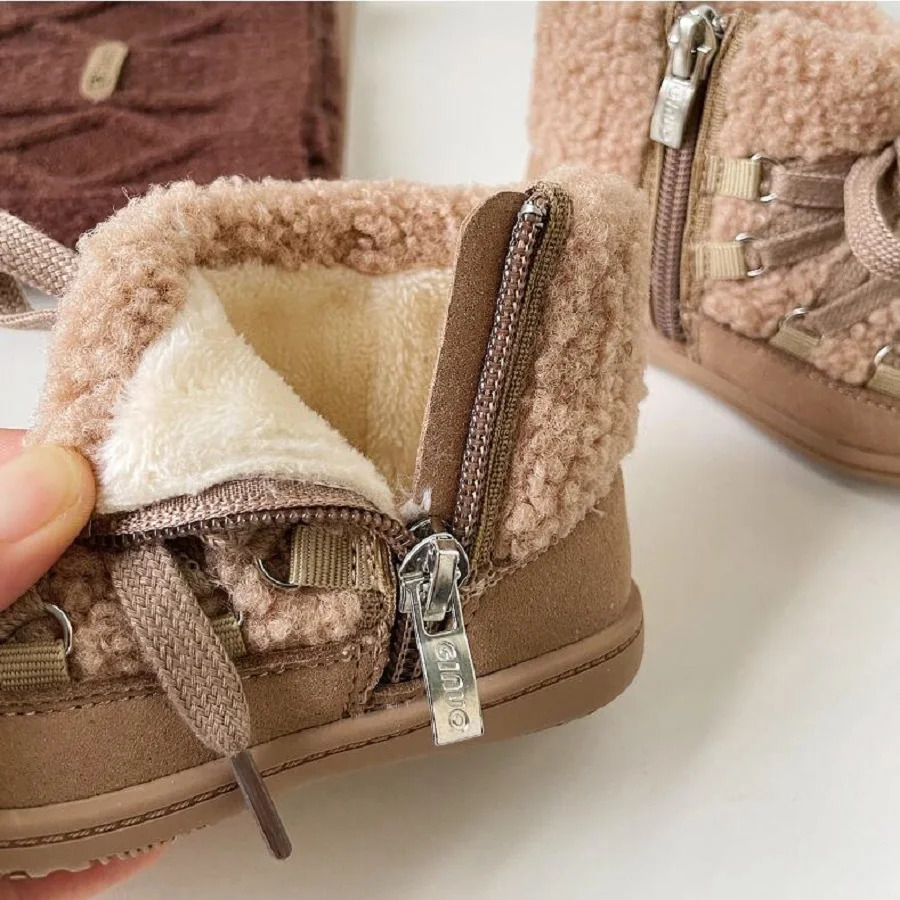 Size 16-30 Girls Cotton Boots Winter Girls Short Boots Lamb Hair Boys Fashion Soft Sole Walking Shoes Camel Grey 241219
