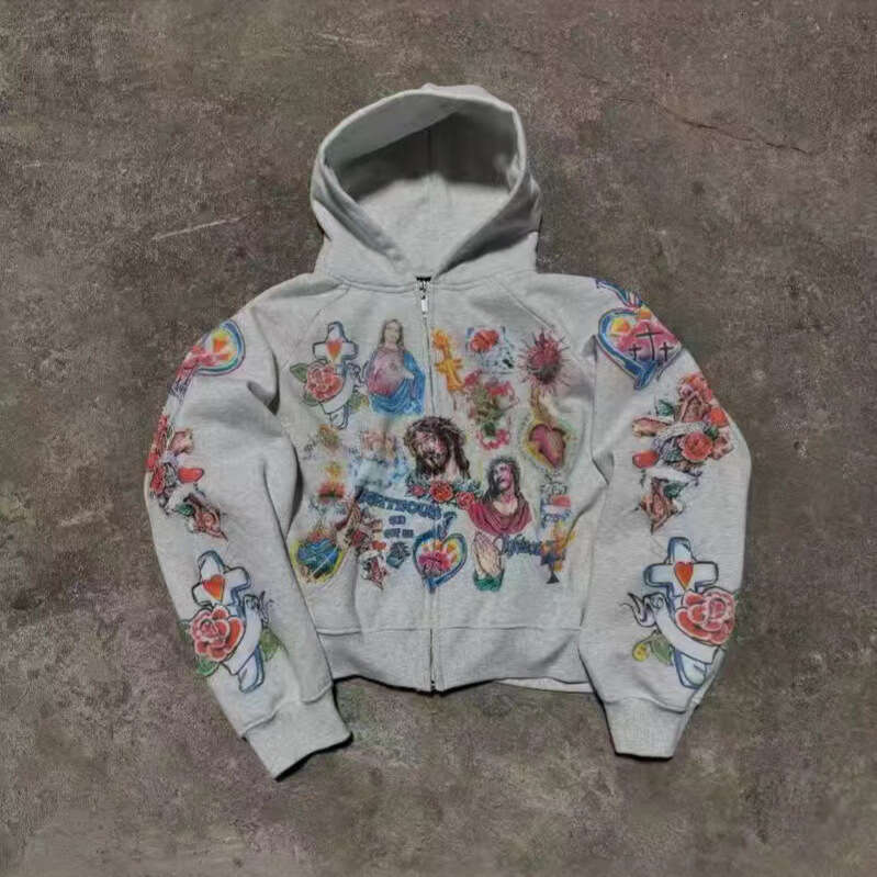 RIGHTEOUS cartoon printed hooded zipper hoodie casual loose new item