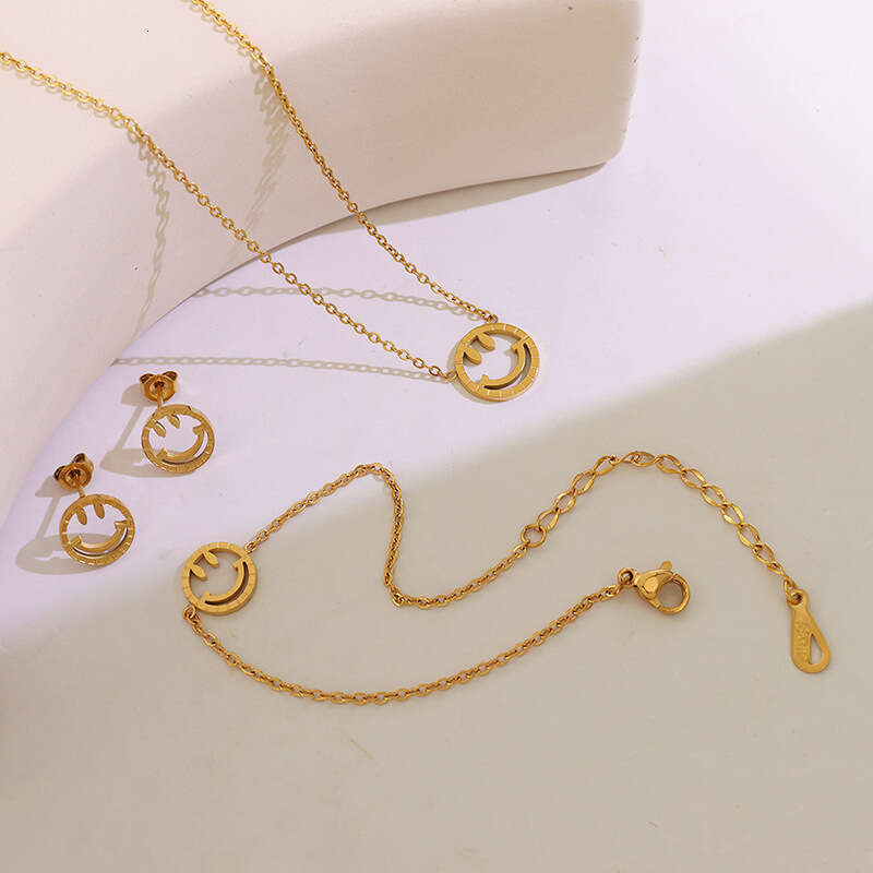 China-Chic Facial Bag Versatile Smiley Face Hollow out Pendant Necklace Bracelet Earring Set Gold Plated Jewelry