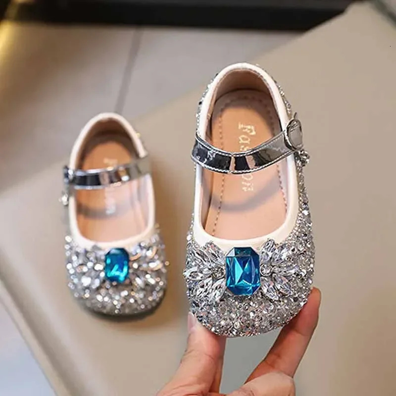 Girls Fashion Princess Shoes Crystal Shoes Bow Girl Kindergarten Flat Shoes Baby Soft Sole Princess Elsa Trend Single Shoes 241219