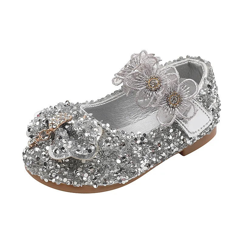 Girls Shoes Spring and Autumn Crystal Princess Mary Jane Bowknot Flower Fashion Girls Performance Shiny Leather Shoes Simple 241219