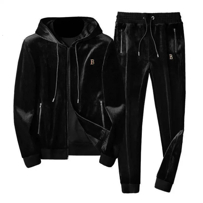 Casual Sport Mens Hooded Suit Loose Fit Autumn Winter Arrival European Station Pleuche 2Piece Set Fashionable Mens Wear 241218