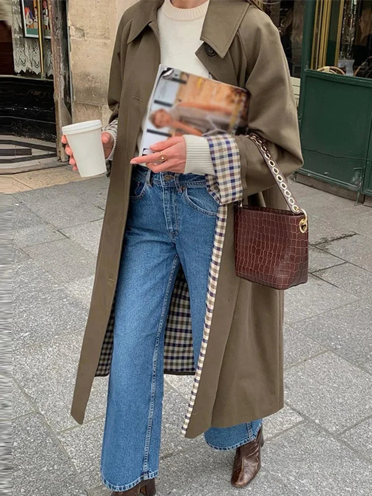 Elegant Plaid Lapel Long Windbreaker Women Fashion Single Breasted Full Sleeve Solid Coat 2024 Autumn Lady High Street Outwear 241219