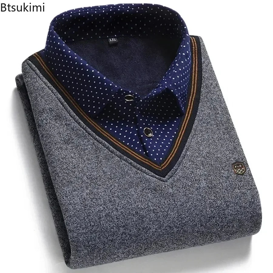 2024 Mens Thicker Warm Sweater Fashion Two Polo Collar Knitted Pullover Autumn Winter Men Business Casual Sweater Tops 241218