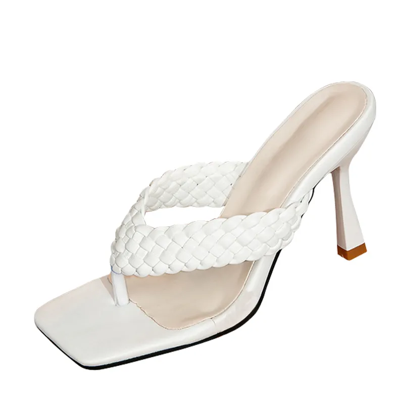 Liyke Quality Handmade Weave Strap Flip ps Women Slippers Fashion Square Toe Mules High Heels White Sandal Female Shoes
