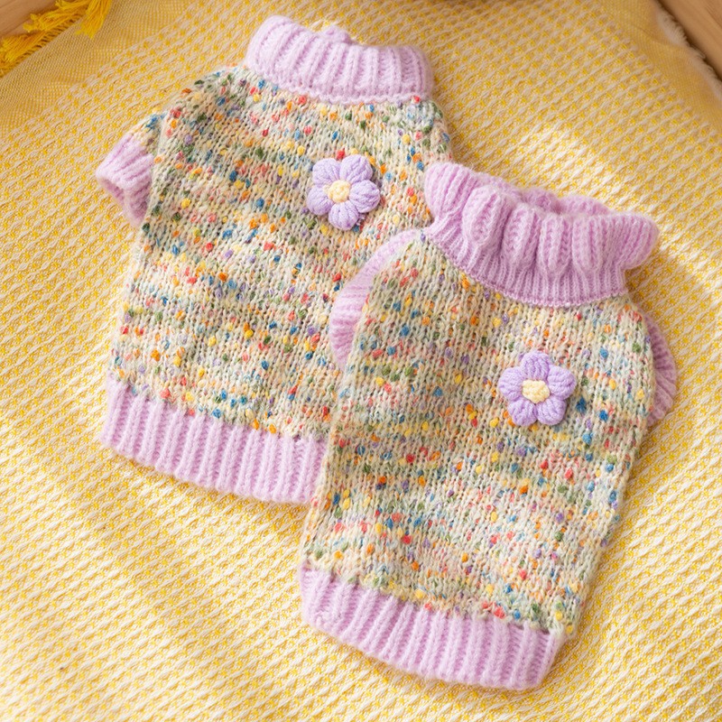 Autumn and winter pet clothes, dotted with colorful yarn, small flower sweaters, comfortable and warm dog clothes HS42