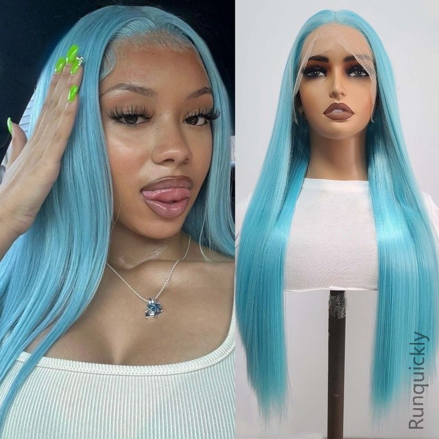 13X4Lace Front Synthetic Wig Long Natural Straight Wigs 36Inch Blue Cosplay Heat Resistant Fiber Look Like Human Hair