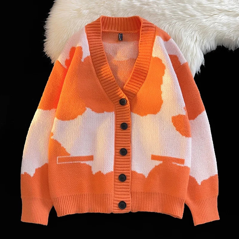 Korean Version Comfortable Breathable Mens V-neck Cardigan Sweater Autumn Winter Color Blocked Printed Knitted Jacket 241218