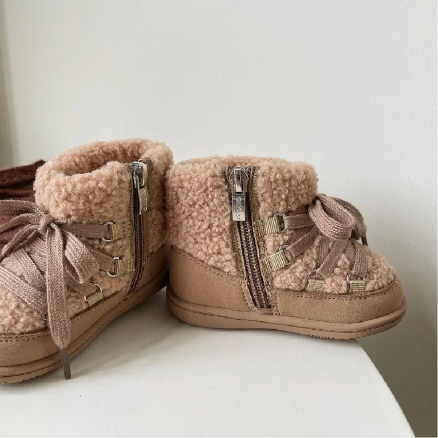 Size 16-30 Girls Cotton Boots Winter Girls Short Boots Lamb Hair Boys Fashion Soft Sole Walking Shoes Camel Grey 241219