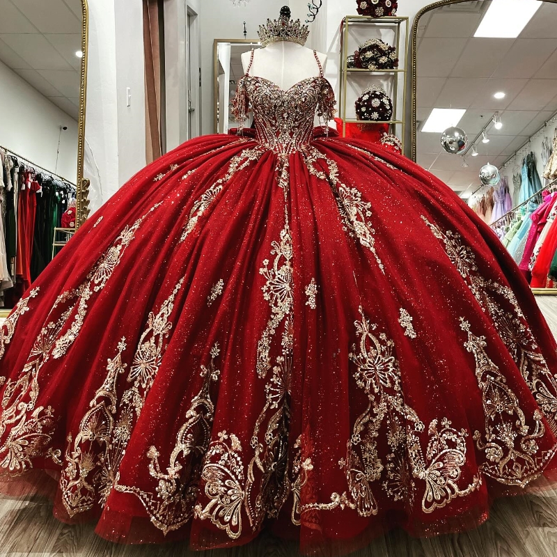 Red Quinceanera Dresses Beading Sequin Gold Appliques Bow Off The Shoulder Vestidos De 15 Anos Birthday Party Sweet 16 Dress Dr0320