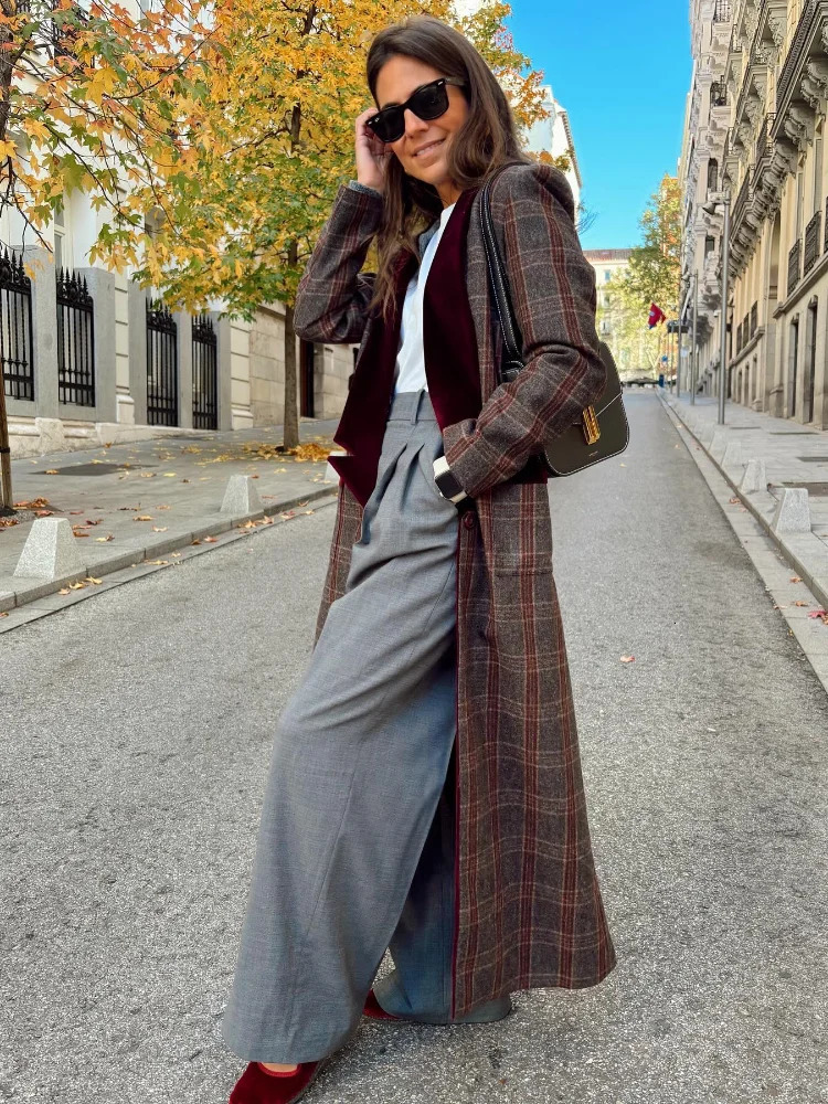 Fashion Colorful Plaid Print Woolen Overcoats For Women Patchwork Turndown Collar Slim Fits Long Coats 2024 High Streetwear 241219