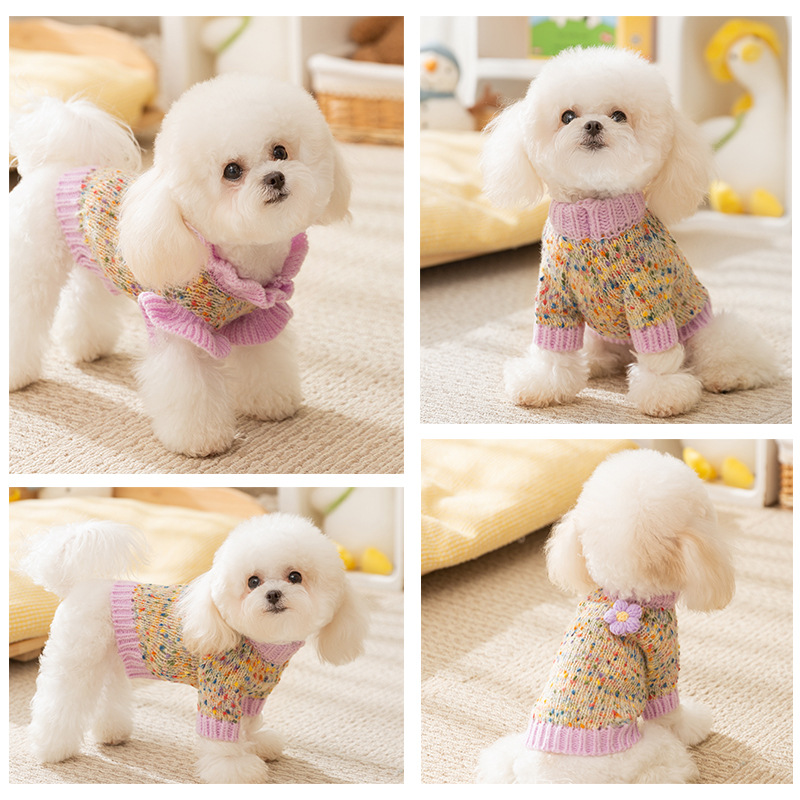 Autumn and winter pet clothes, dotted with colorful yarn, small flower sweaters, comfortable and warm dog clothes HS42