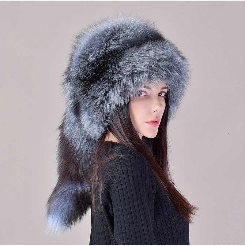 2024 Style Natural Fox Fur Russian Hat Ushanka Women Winter Warm Fluffy Style Female Tail Cap Fashion Real Fur Hats 241218