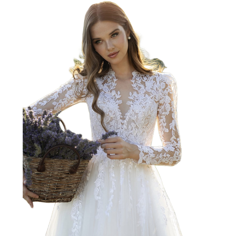 Lace Long Sleeves A Line Wedding Dresses Appliques Country Bridal Gowns V-Neck Ivory Court Train Robe De Mariee Garden Beach Bride Dress