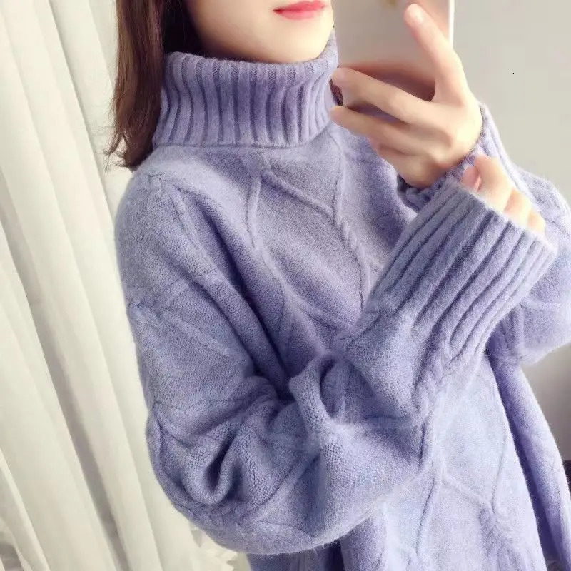 Autumn and Winter High Collar Long Sleeve Solid Sweater Womens Clothing Korean Loose Floral Full Match Knitted Top 241211