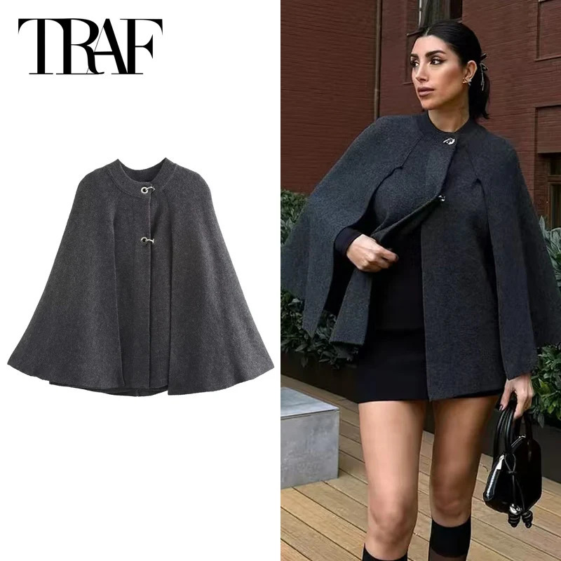 TRAF Knit Capes Women Winter Woman Ponchos Large Size Outerwear Solid Coats Cloak Elegant Womens Shawl Korean Style Ponchos 241218