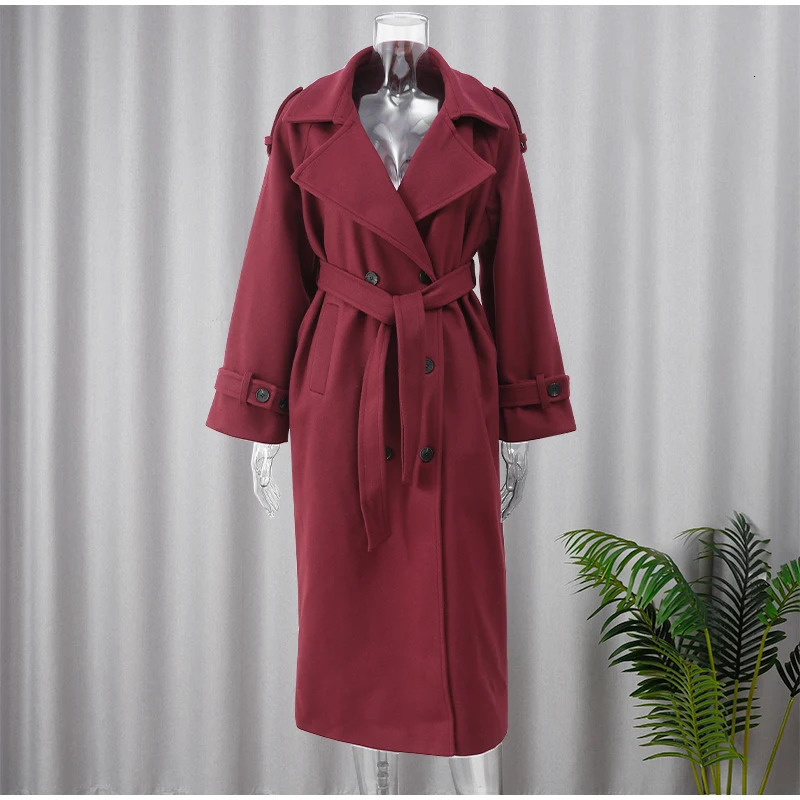 Elegant Burgundy Red Wool Blends Long Coat With Belt Fashion Turn Down Collar Sleeve Overcoat Fall Winter Office Streetwear 241219