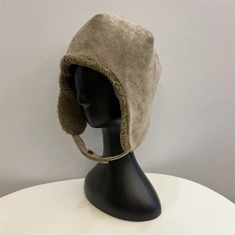 Korea Winter Corduroy Flannel Velvet Warm Lei Feng Hat Men Women Outdoor Wind Snow Travel Ear Protection Ski Bomber Hat 241218