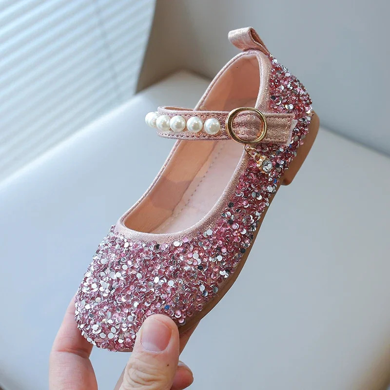 Girls Sandals Gold Sequins Pearls Princess Shoes Dance Kids Shoes Pink Non-Slip Lightweight Silver Kids Crystal Shoes Sandals 241219
