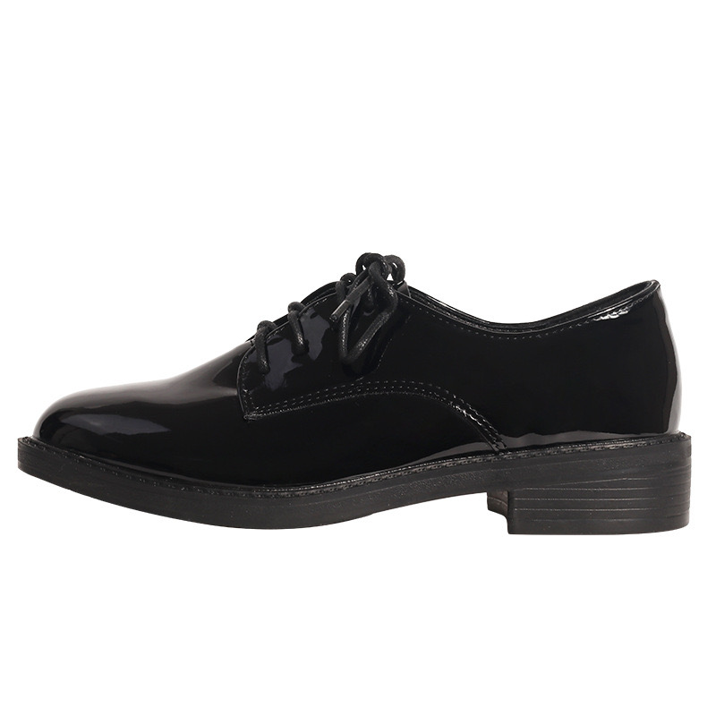 Leather Black Student Oxfords D7387 Cross-Tied New Round Toe Flats Woman Chunky Heels Quality Derbies Ol Dress Rubber Creeper Platform Shoes