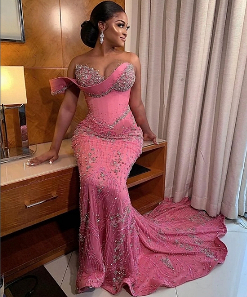 African Pink Mermaid Evening Dresses Crystals Beaded One Shoulder Corset Arabic Aso Ebi Sequins Lace Prom Dress 2025 Women Formal Reception Gown