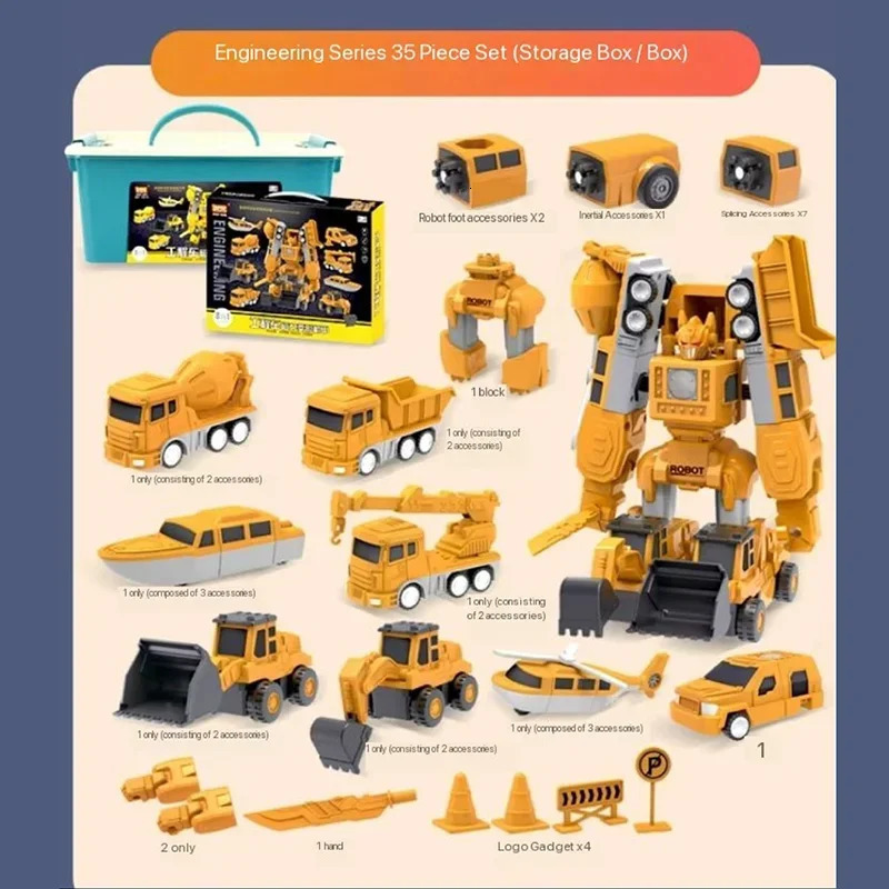 Magnetic Deformation Robot Engineering Car Excavator Mixer Truck Childrens Multi-functional Combination Transform Robot Toy 241218