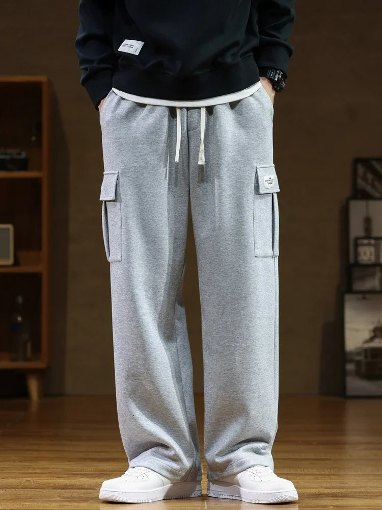 Loose Sweatpants Mens Wide Leg Cargo Pants Large Pocket Fashion Casual Straight Street Jogging Trousers Gray Black 241218