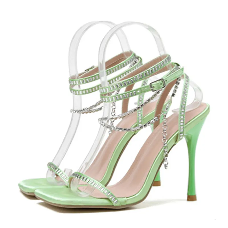 Liyke 2024 New Sexy Crystal Chain Ankle Strap Sandals Women Summer Party Wedding Banquet Shoes Square Toe Rhie High Heels