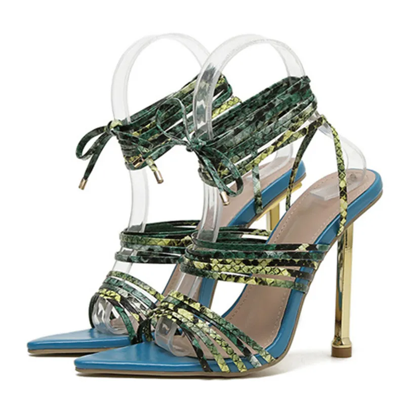 Red Blue Thin High Heels Sandals For Women Summer Fashion Pointed Toe Snake Print Lace Up Shoes Female Pumps