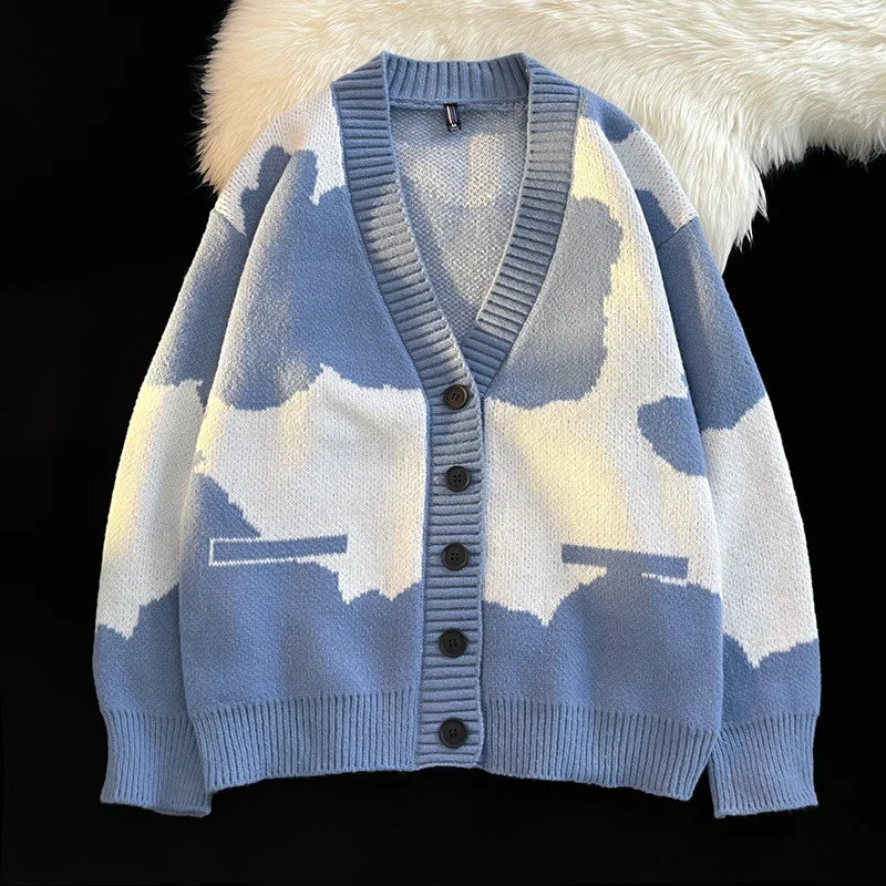 Korean Version Comfortable Breathable Mens V-neck Cardigan Sweater Autumn Winter Color Blocked Printed Knitted Jacket 241218