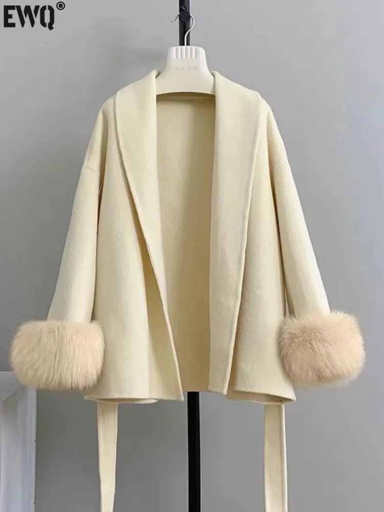 EWQ Korea Chic Flip Collar Fox Fur Doublesided Woolen Coat Elegant Wool Jacket Women Winter Brown Overcoats