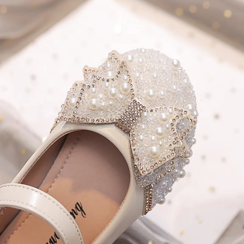 Autumn Fashion Pearl Bow Rhinestone Little Girl Shoes Flat Heels Kids Princess Shoes 241219