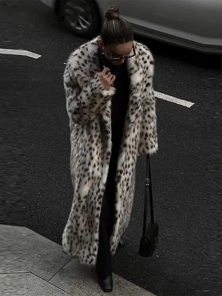 Retro Leopard Faux Fur Long Coat Winter Warm Thicken Open Maxi Female Casual Loose Elegant Chic Street Outwear 241219