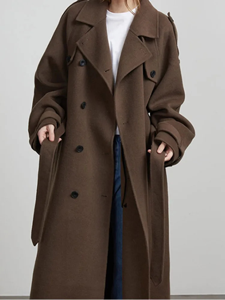 Elegant Brown Doublebreasted Woolen Overcoat With Belt Women Long Sleeve Loose Lapel Casual Coat Autumn Warm Commute Outwear 241217