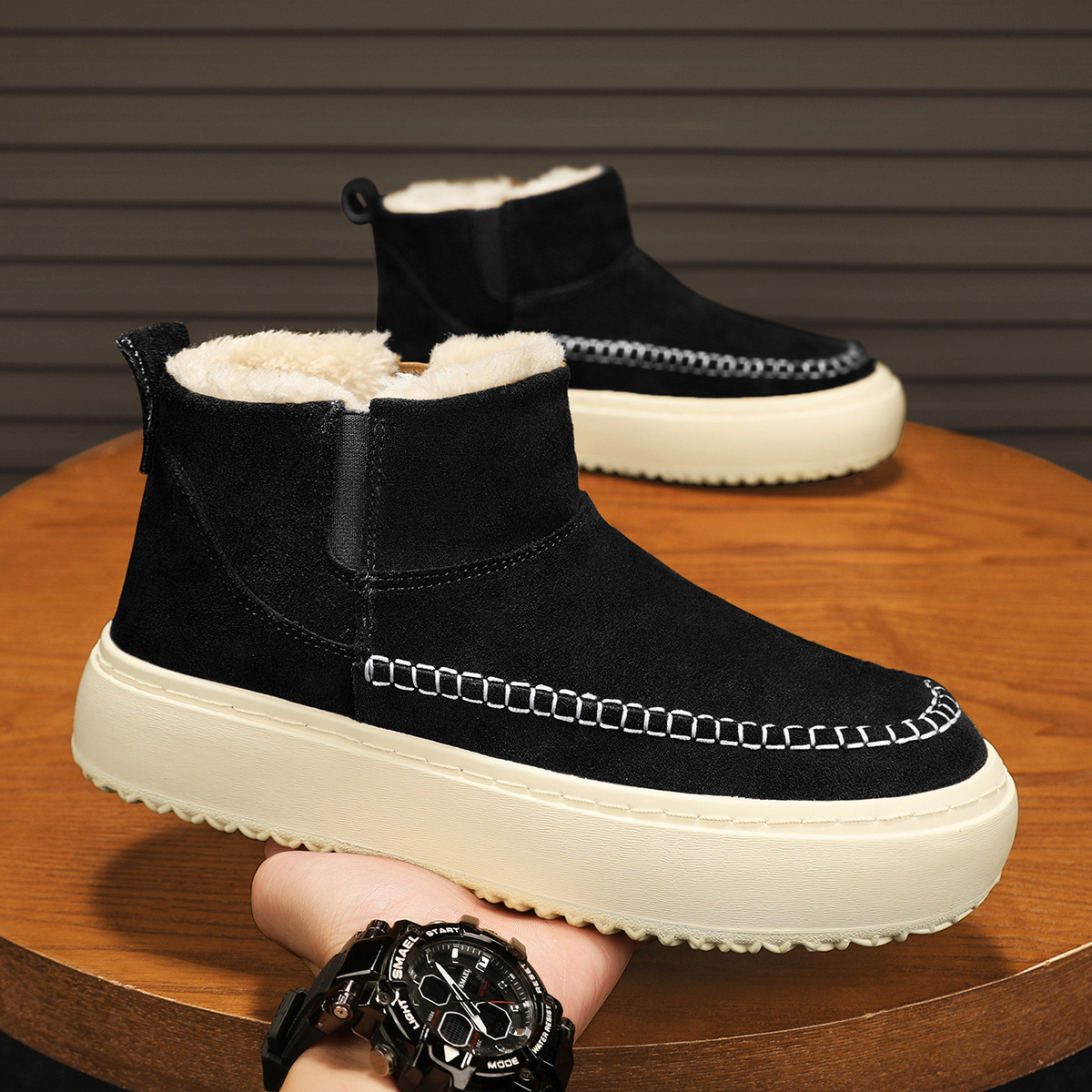 Men Boots Winter New Fashion Simple Style Designer Versatile Thick Sole Plush Cotton Shoes Warm Triple Black Khaki Free shipping