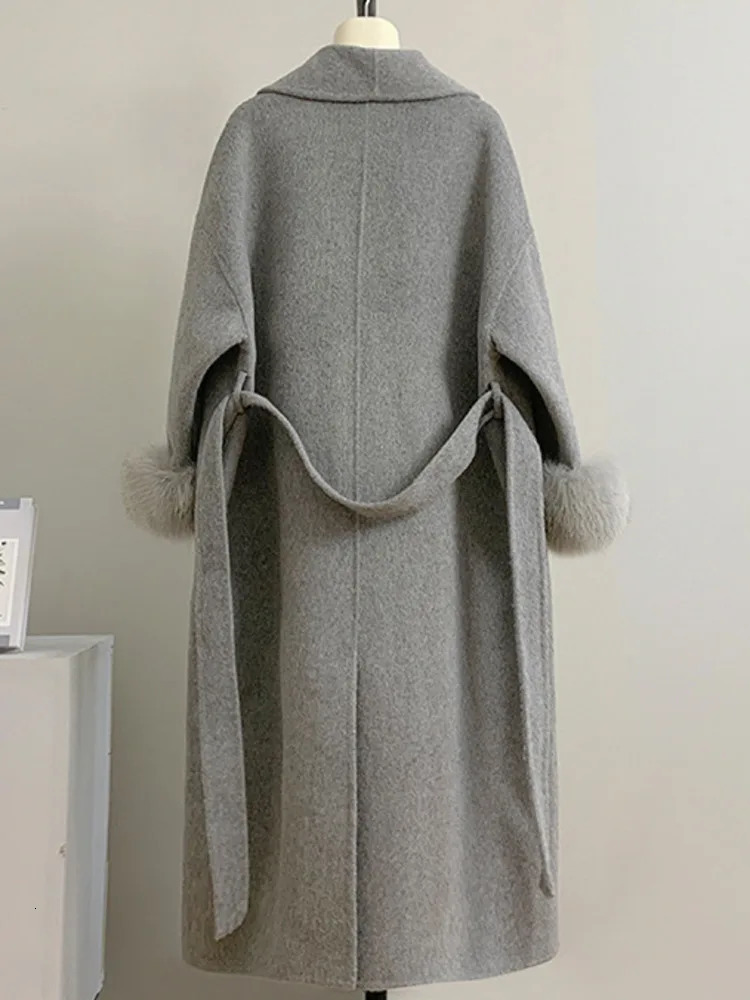 JXNH Womens Long Lapel Doublesided Cashmere 2024 Autumn And Winter Item Detachable Cuffs Loose Versatile Coat 241219
