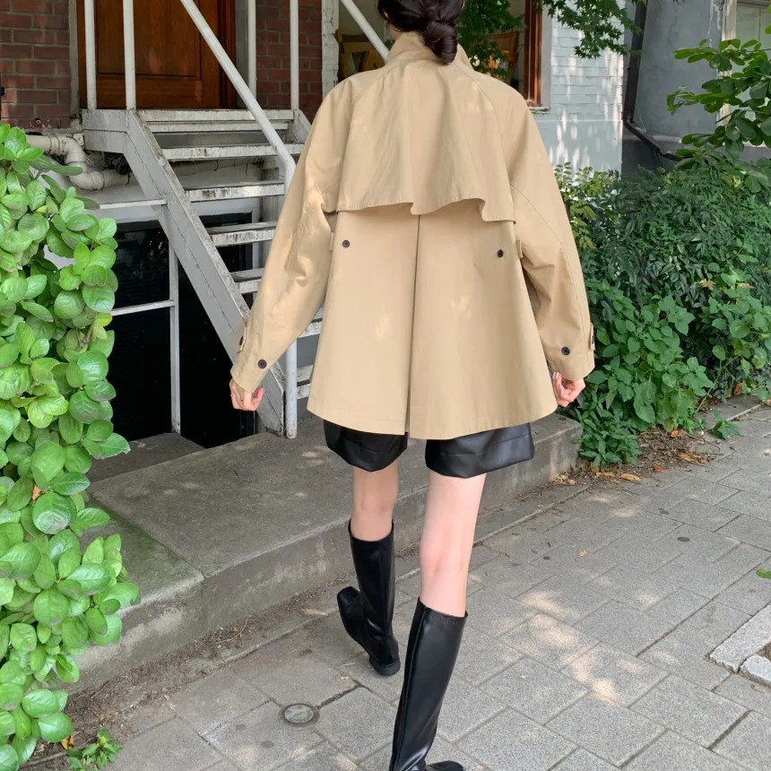 Retro British Fashion Stand Collar Short Trench Cloak Women Fall Lazy Style Windbreaker Coat Khaki Army Green Loose Jacket 241218