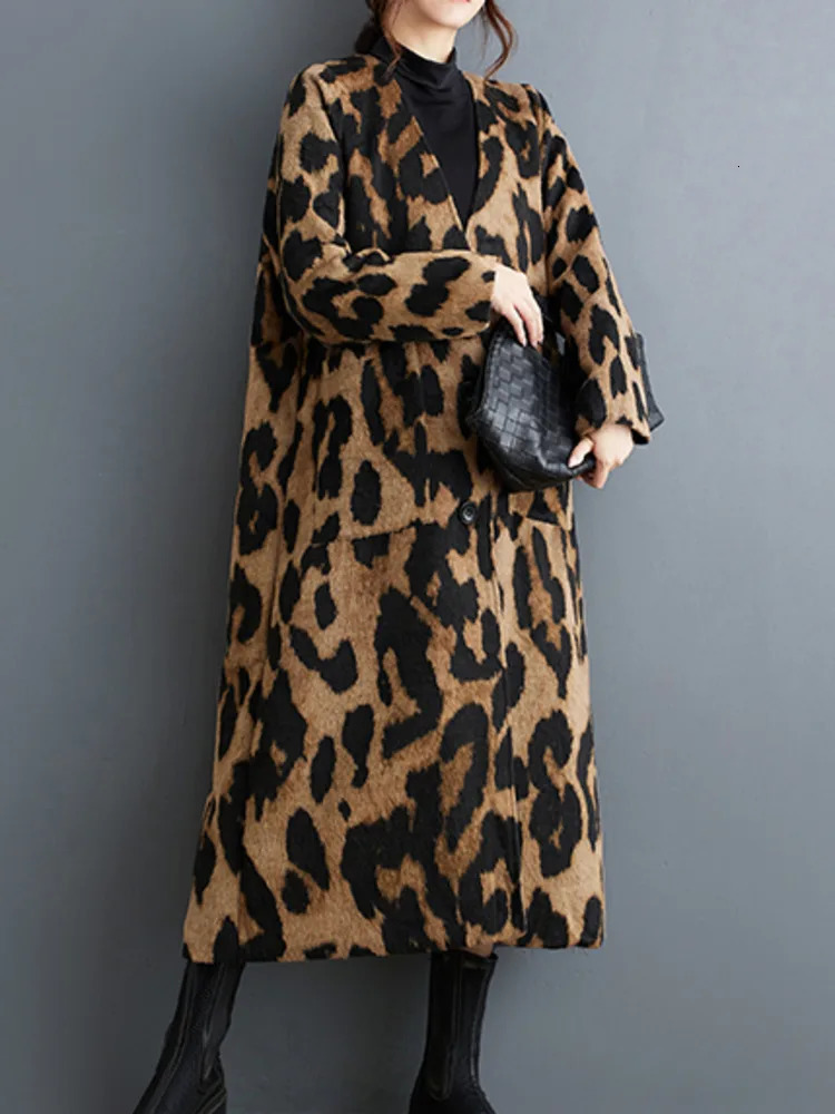 #6926 Spring Autumn Long Leopard Trench Coat Women V-neck Loose Pockets Vintage A-line Trenchcoat Single Breasted Streetwear 241219